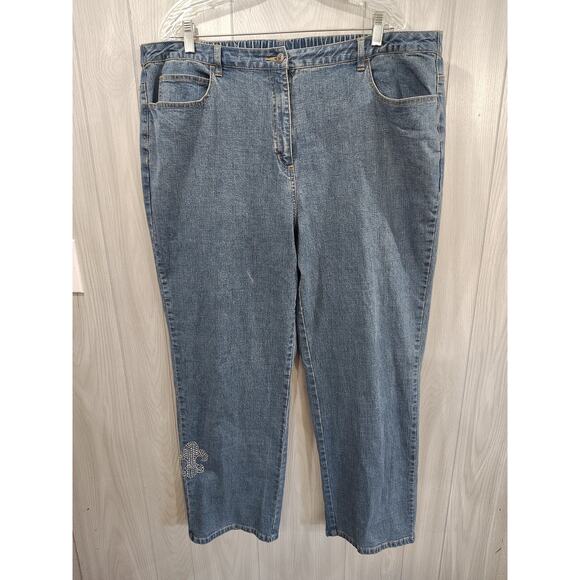 Women's Quacker Factory Elastic Waste Plus Size 1X Denim Jeans Rhinestones Wide - Picture 1 of 9